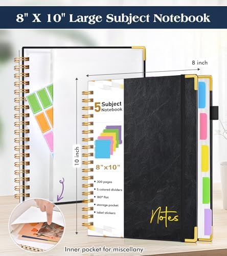 5 Subject Graph Paper Notebook with Removable Dividers Tabs, 300 Pages Hardcover Leather Grid Spiral Journal, 8"x10" B5 Large Graphing Notebooks for Women Men Work School College Engineering, Black