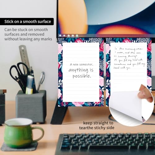 2 Pack Lined Sticky Notes 4x6 in, Cute Self-Stick Notepads with Lines, Large Memo Pads Strong Adhesive for Office, Home Blue Cute Flowers