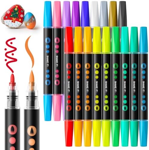 SUNEE 18 Colors Acrylic Paint Markers, Dual Tip Bullet & Brush Paint Pens with Automatic Ink Control System, Art Supplies for Adults & Teens, for Rock, Wood, Canvas, Glass Creative Projects