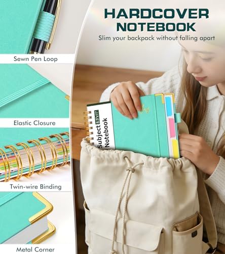 Hardcover Spiral Notebook 8.5"x11" Journal with Removable Dividers Tabs, 300 Pages Organizer Notebooks for Work School, Leather 5 Subject Notebook College Ruled, Large Lined Journal for Women，Aqure