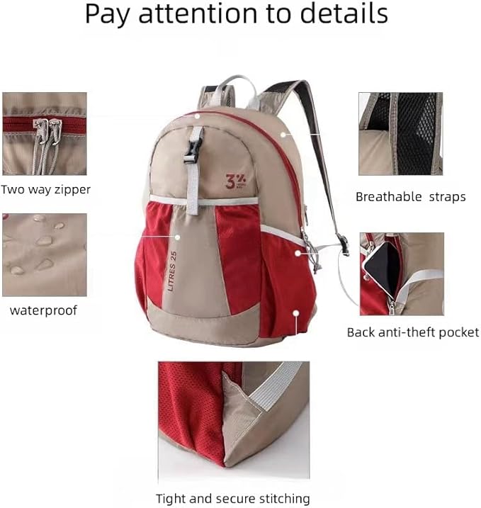 Travel lightweight foldable backpack hiking backpack splash proof compact travel backpack day pack (khaki&red)