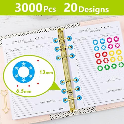 3000 Pack Colorful Hole Punch Reinforcement Sticker Labels, Tear Resistant Plastic Circles Hole Protectors for Loose-Leaf Paper Sheets, 20 Donut Designs(Outer 0.5”, Inner 0.25”)