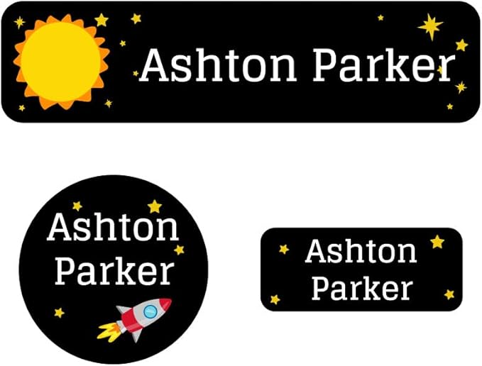 Name Bubbles - Kids Custom Name Labels for Daycare, School, Camp (102 Labels) - Personalized Waterproof Name Stickers for Clothes Tags, Lunch Boxes, Water Bottles, & School Supplies (Space)