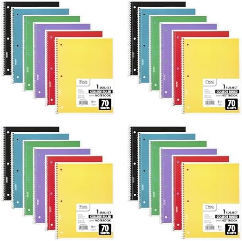 Mead Spiral Notebook, 1 Subject, College Ruled Paper, 7-1/2" x 10-1/2", 70 Sheets per Notebook, Colors Will Vary (73065) (Pack of 24)