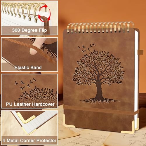 A4 Top Spiral Notebook, Tree Pattern Large Leather Hardcover Left Handed Journal, 240 Pages 100 Gsm Lined Paper Top Bound Steno Pads for Work, School, Travel Writing - Brown, 8.5" x 11"