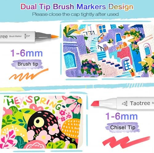 Taotree Alcohol Markers Brush Tip, 61 Colors Dual Tip Brush Markers Set