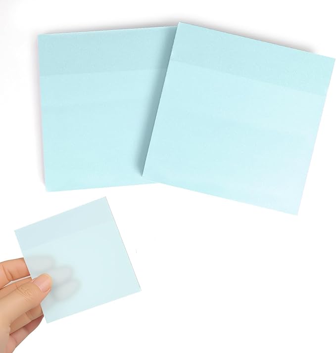 Transparent Sticky Notes- 3x3 Inches, 100 Sheets, Self-Stick-Notes, Colorful Clear See Through, Waterproof, Easy to Post for Office, Home, Notebook, Meeting, Reusable (Blue-Classic Pack