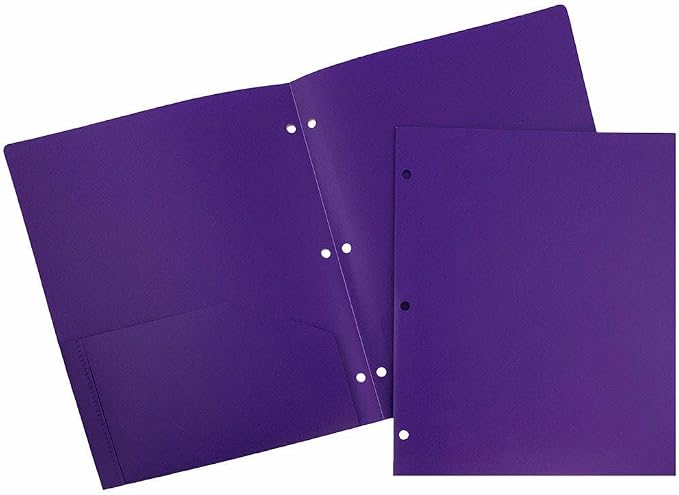 JAM PAPER Heavy Duty Plastic 3 Hole Punch Pocket Folders - Extra Tough School Folders - Purple - 3/Pack