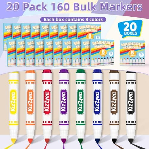 Washable Markers Bulk, Markers for Kids, 8 Assorted Colors, 20 Boxes(160ct)