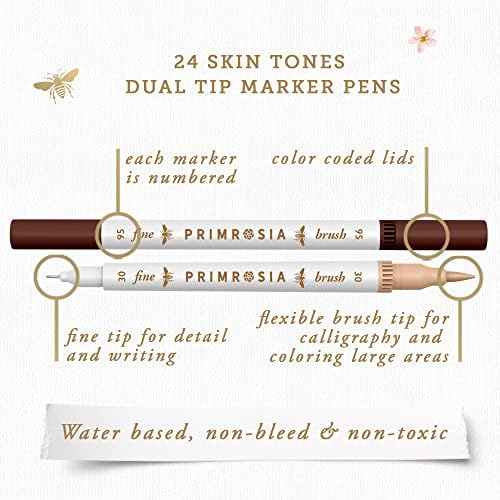 Primrosia 24 Skin Tones Dual Tip Marker Pens, Hair and Portrait Watercolor Sketch Set – Fine and Brush Ends, Art Supplies for Coloring, Sketching and Drawing