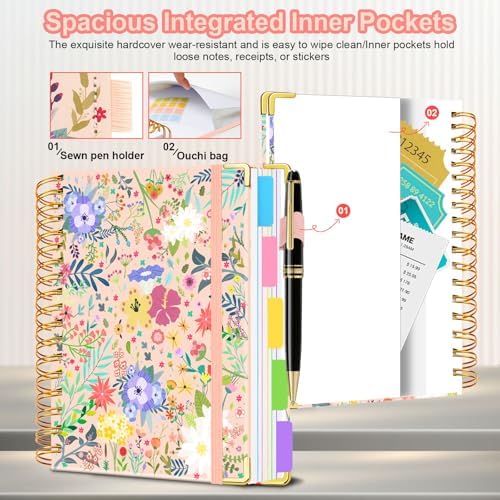 Spiral Journal Notebooks for Work, 300 Pages 5 Subject Notebook College Ruled with Dividers & Tabs, A5 Notebook Journal for Women Students Note-Taking and Organizer (Beige Bloom)
