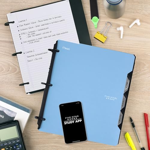 Five Star Flex Refillable Notebook + Study App, College Ruled Paper and 1 Inch TechLock Ring Binder with Pockets, Tabs and Dividers, 200 Sheet Capacity, Pacific Blue (293280AD2)