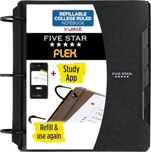 Five Star Flex Refillable Notebook + Study App,College Ruled Paper and 1-1/2 Inch TechLock Ring Binder with Pockets,Tabs and Dividers,300 Sheet Capacity,Black (29324AA2),(Pack of 6)