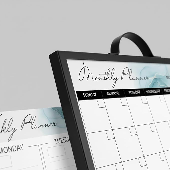 Magnetic Dry Erase Board 12x16 with Handle, Double Sided Portable Black Whiteboard for Home, Office, School & Kitchen, Includes Weekly & Monthly Magnetic Planner Sheets