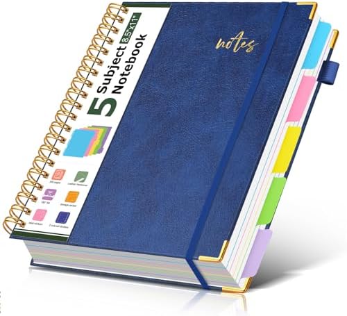 Hardcover Spiral Notebook Journal 8.5" x 11" Leather 5 Subject Notebook with Removable Dividers Tabs, 300 Pages Organizer Notebooks for Work School, College Ruled, Large Lined Journal for Women,Navy