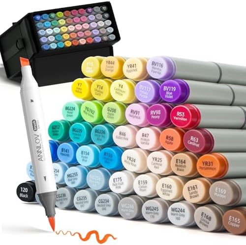 ANNLOV Alcohol Markers Brush Tip, 50 Colors Dual Tip Art Marker Set with Soft Brush & Chisel Tip, Skin Tones & Blender, Tilt-Stand Easy Carrying Case for Artist Adults Coloring Illustration