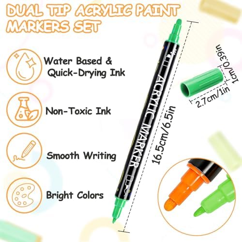 48 Colors Dual Tip Acrylic Paint Markers, Coloring Paint Pens Set, Fine Tip and Dot Tip Acrylic Paint Markers for Rock, Stone, Glass, Fabric, Canvas, Gifts for Teens, Art Painting Supplies Kit