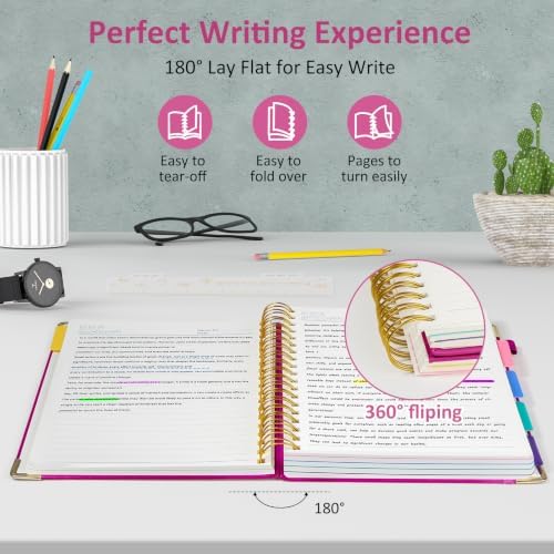Hardcover Spiral Notebook Journal, 8"x10" Large B5 Notebooks with Removable Dividers Tabs, 300 Pages Leather 5 Subject Notebook College Ruled, Lined Journal for Women Work School Note Taking, Rose Red