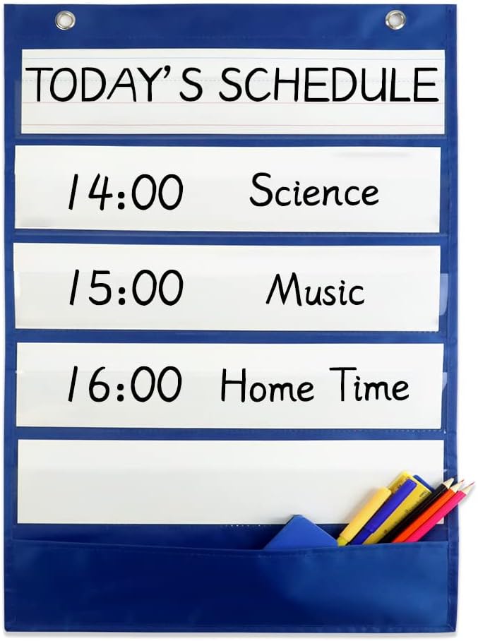 Mewise Pocket Chart with 10 Double Sided Sentence Strips, Activities, Class Demonstrations, Standards Pocket Chart, 420D Polyester, Blue