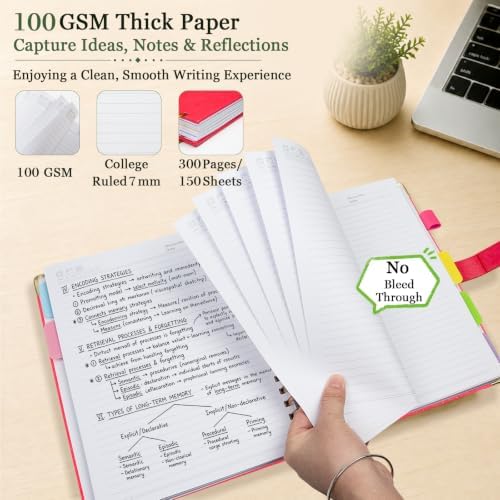Hardcover Spiral Notebook 6.2''x 8.2'' College Ruled Notebook with Magnetic Closure, 300 Pages 5 Subject Notebooks with Pocket Dividers for Work School, A5 Leather Journal for Women, Men (Rose Red)