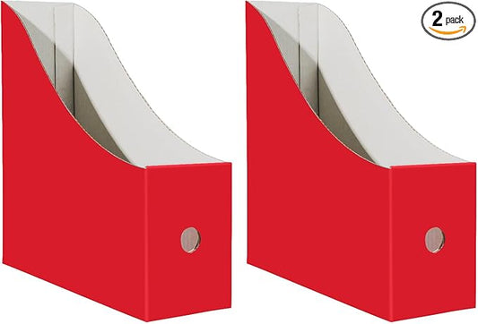 Limitliho Magazine File Folder Holder for Desk, Book Bins for Classroom Library,Office,Home, 10.6" H x 10.2" L x 3.5" W in Cardboard Paper Organizer (Red, 2 Pack)