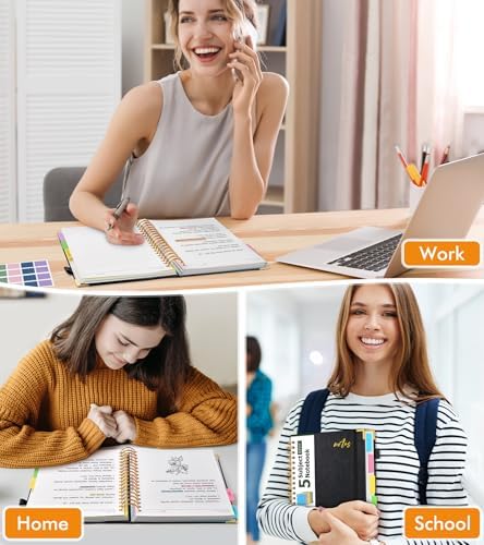 Hardcover Spiral Notebook 8.5"x11" Journal with Removable Dividers Tabs, 300 Pages Organizer Notebooks for Work School, Leather 5 Subject Notebook College Ruled, Large Lined Journal for Women，Black
