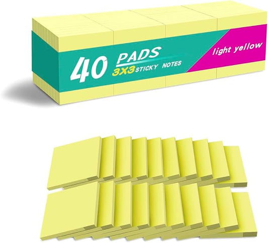 (40 Pads) Sticky Notes 3x3 Inches, Yellow Colors Self-Stick Pads, Easy to Post for Home, Office, Notebook