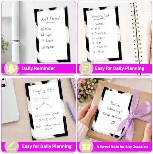 Lined Sticky Notes 4x6 in, 2 Pack Large Cute Notepads with Lines Self-Stick Note Pad, Funny Memo Pads Strong Adhesive for Office, Home Black White Cowhide