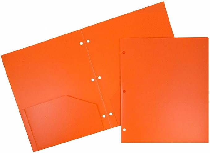 JAM PAPER Heavy Duty Plastic 3 Hole Punch Pocket Folders - Extra Tough School Folders - Orange - 24/Pack
