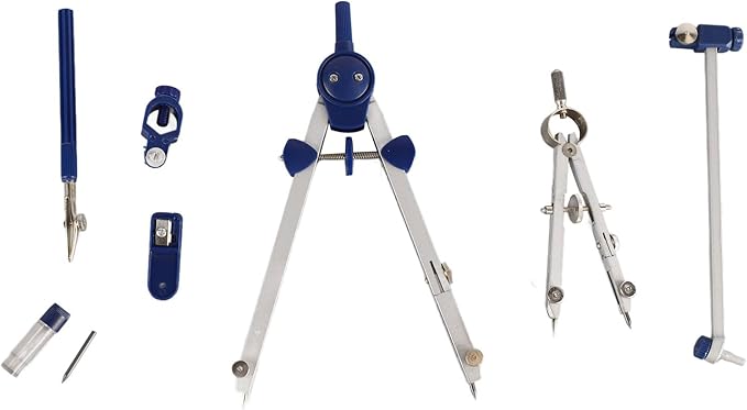 Math Geometry Kit, Metal Compass Tool Zinc Alloy Compass and Ruler Geometry Set Drawing Compass Drafting Compass with Shatterproof Storage Box for Office School Art Drawing