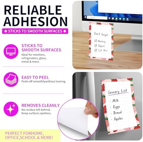 Lined Sticky Notes 4x6 in, 2 Pack Large Cute Notepads with Lines Self-Stick Note Pad, Funny Memo Pads Strong Adhesive for Office, Home Cute Red Strawberry