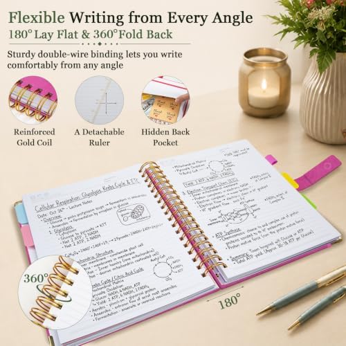 Hardcover Spiral Notebook 8.5''x 11'' College Ruled Notebook with Magnetic Closure, 300 Pages 5 Subject Notebooks with Pocket Dividers for Work School, A4 Leather Journal for Women, Men (Rose Purple)