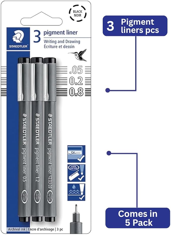 STAEDTLER Pigment Liner Pack, Black, 3 Pens, 5 Pack (15 Pieces)