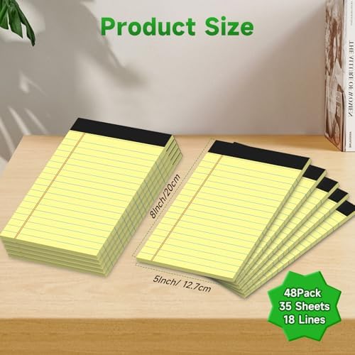 48 Pack Legal Pads Bulk,5 x 8 Inch Yellow Notepad, Note Pads College Ruled Perforated Memo Pad for Work Study Daily Note Taking List, Lined Writing Pads Memo Refills Notepads for Office Home School