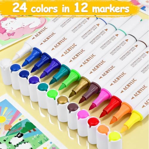 Coloring Acrylic Paint Markers, 24 Colors Dual Tip Chisel & Fine Art Paint Pens Set, Colored Markers for Adult Book Drawing, Rock, Stone, Fabric, Art Supplies Marker Kit for Illustration DIY, 12 Pack