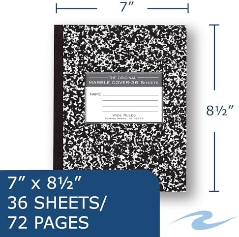 ROARING SPRING Flexible Cover Composition Notebook, 12 Books, Black Marble, Wide Ruled w/Margin, 36 Sheets (72 Pages), 8.5" × 7", Center-Sewn, Made in USA