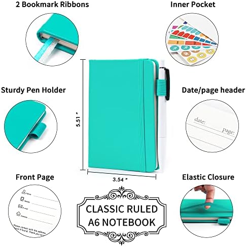 feela 3 Pack Pocket Small Notebook Journals, Mini Cute Memo Notepad Hardcover College Ruled Lined Journals with Pen Holder for Women Girls Office School, with 3 Black Pens, 3.5”x 5.5”, A6, Aqua
