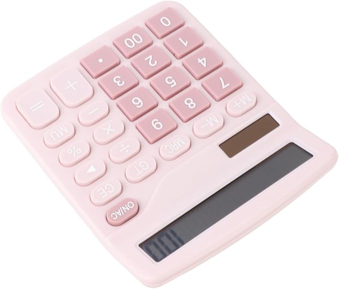 Fdit Solar Calculator, 12 Digit Portable Desktop Calculator with Solar Power and Light Textured Keys, for Students Teachers and Office Workers (Pink)