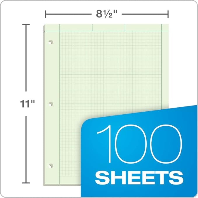 Tops Engineering Computation Pad, 8-1/2" x 11", Glue, 5 x 5 Graph Rule on Back, Green Tint Paper, 3-Hole Punched, 100 Sheets (35500) (Pack of 2)