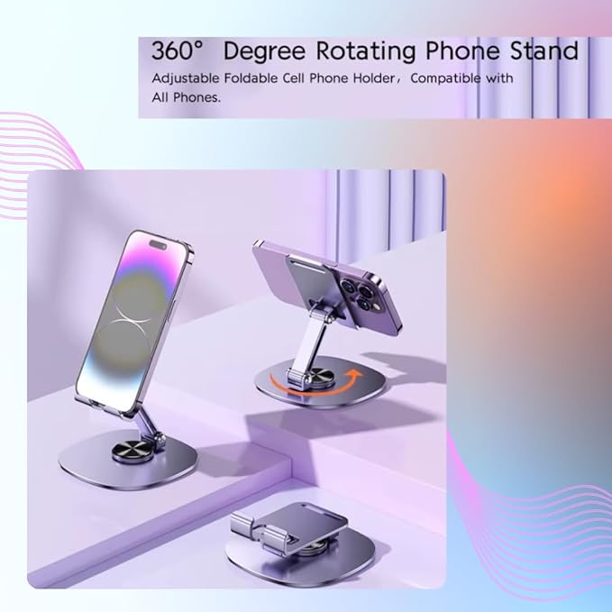 Adjustable 360° Rotating Cell Phone Stand – Foldable Desktop Holder Dock, Case Friendly, Works with All Phones (Purple)