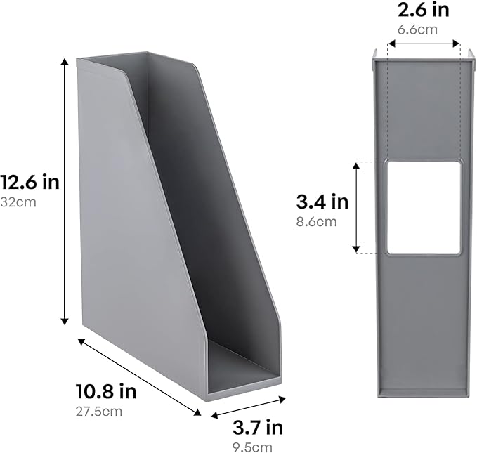 carrotez Open Front Magazine File Holder, Plastic Magazine Rack, Vertical File Organizers for Desk, Office Organization Essentials, 10.8" x 3.7" x 12.6" - 2 Pack, Grey