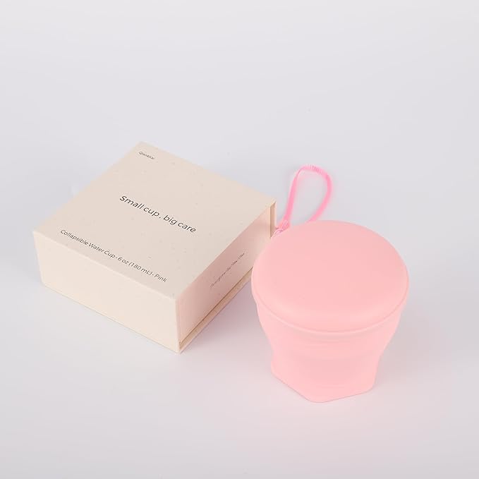 Qiao&Kai Collapsible Silicone Cup 6oz(180ml) with Gift Box – Portable, Leak-Proof Travel Tumbler for Hiking, Camping, Gym & Daily Use – BPA-Free, Eco-Friendly (Pink)