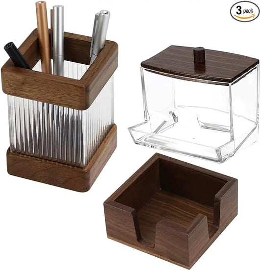 MultiBey Walnut Desk Organizer Set, Wooden Office Desktop Organization with Acrylic Pen Holder, Sticky Note Dispenser & Paper Clip Box, Elegant Walnut Desk Accessories for Home Office Gift