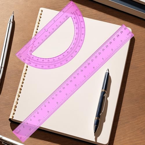 2 Packs 12 Inch Plastic Ruler and 6 Inch Plastic Protractor Set Clear Math Geometry Set Classroom Set Angle Detector School Supplies Classroom Ruler Home Office Drawings (Pink)