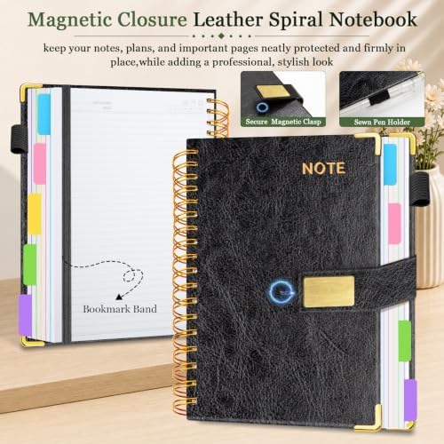 Hardcover Spiral Notebook 8.5''x 11'' College Ruled Notebook with Magnetic Closure, 300 Pages 5 Subject Notebooks with Pocket Dividers for Work School, A4 Leather Journal for Women, Men (Black)