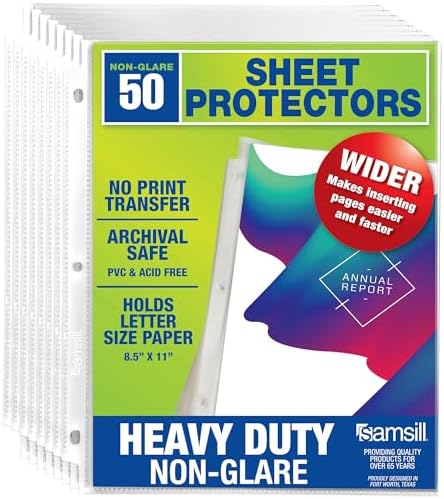Samsill 50 Pack Heavy Duty Sheet Protectors, Non-Glare, 8.5x11 Inch Page Protectors for 3 Ring Binder, Letter Size Protectors with Reinforced Holes, Non-Glare Protector, Top Loading, Acid Free