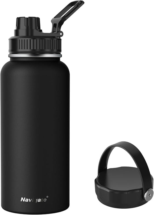 Navigate 32oz Insulated Water Bottle for Sports, Keep Cold 24H | 2-in-1 Spout and Handle Lids, Double Leak-Proof, 18/8 Stainless Steel, BPA-Free, Wide Mouth for Gym and Hiking,Black