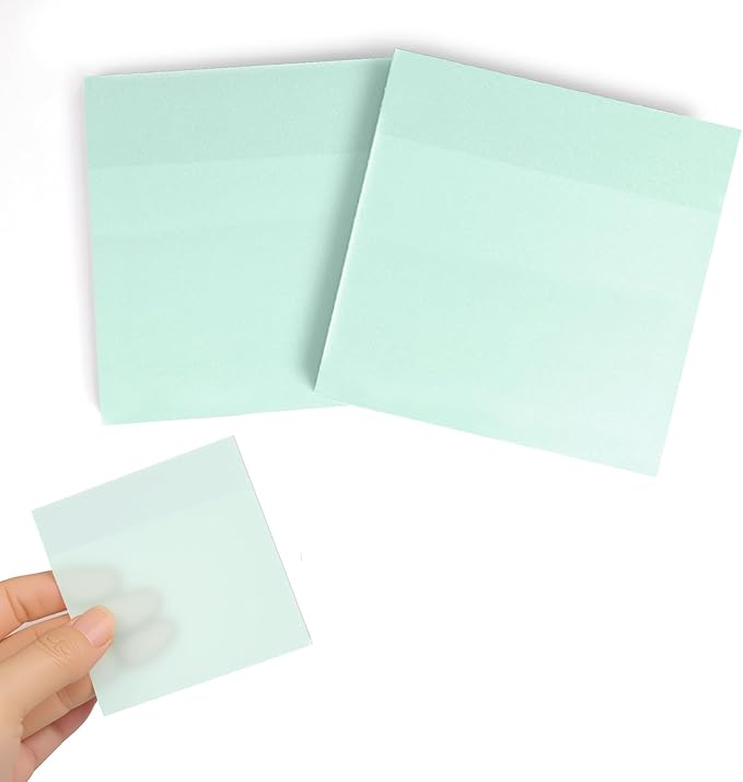 100 Sheets Transparent Sticky Notes 3"x3", Frosted Self-Stick-Notes, Pearlescent Clear See Through, Waterproof, Easy to Post for Office, Home, Notebook, Meeting, Reusable (Green -Classic Pack