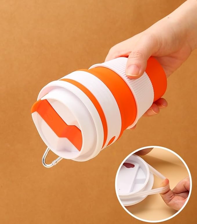 Foldable silicone coffee cup, 16 oz portable eco-friendly water cup with double lids, storage with hanging ring to save space, suitable for outdoor hiking, camping, cycling, car use (Rose Red 420ML)