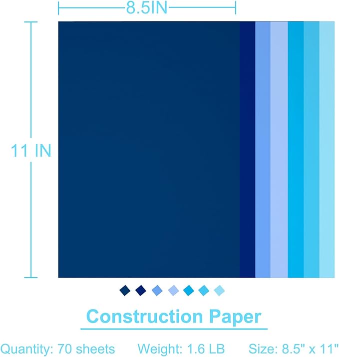 Construction Paper 8.5x11 in,70 Sheets,Set of 7 Colors 178GSM/65LB Heavyweight Construction Paper,Crafts,Arts,School Classroom Art Supplies Assorted Colors Bulk Paper